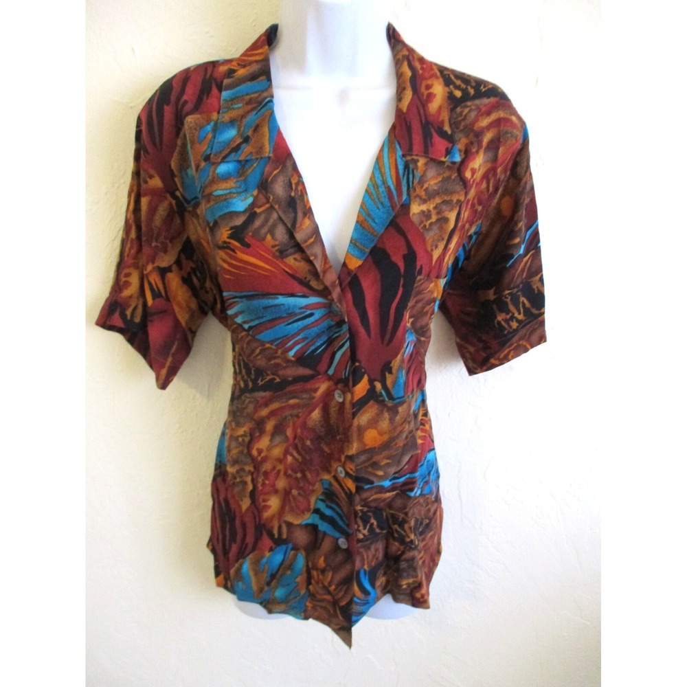 VTG Classiques for Nordstrom Top Size Petite Medium 100% Silk Bold Print Blouse